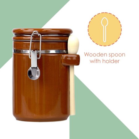 Hds Trading 4 Piece Ceramic Canisters with Easy Open AirTight Clamp Top Lid and Wooden Spoons, Brown ZOR95960